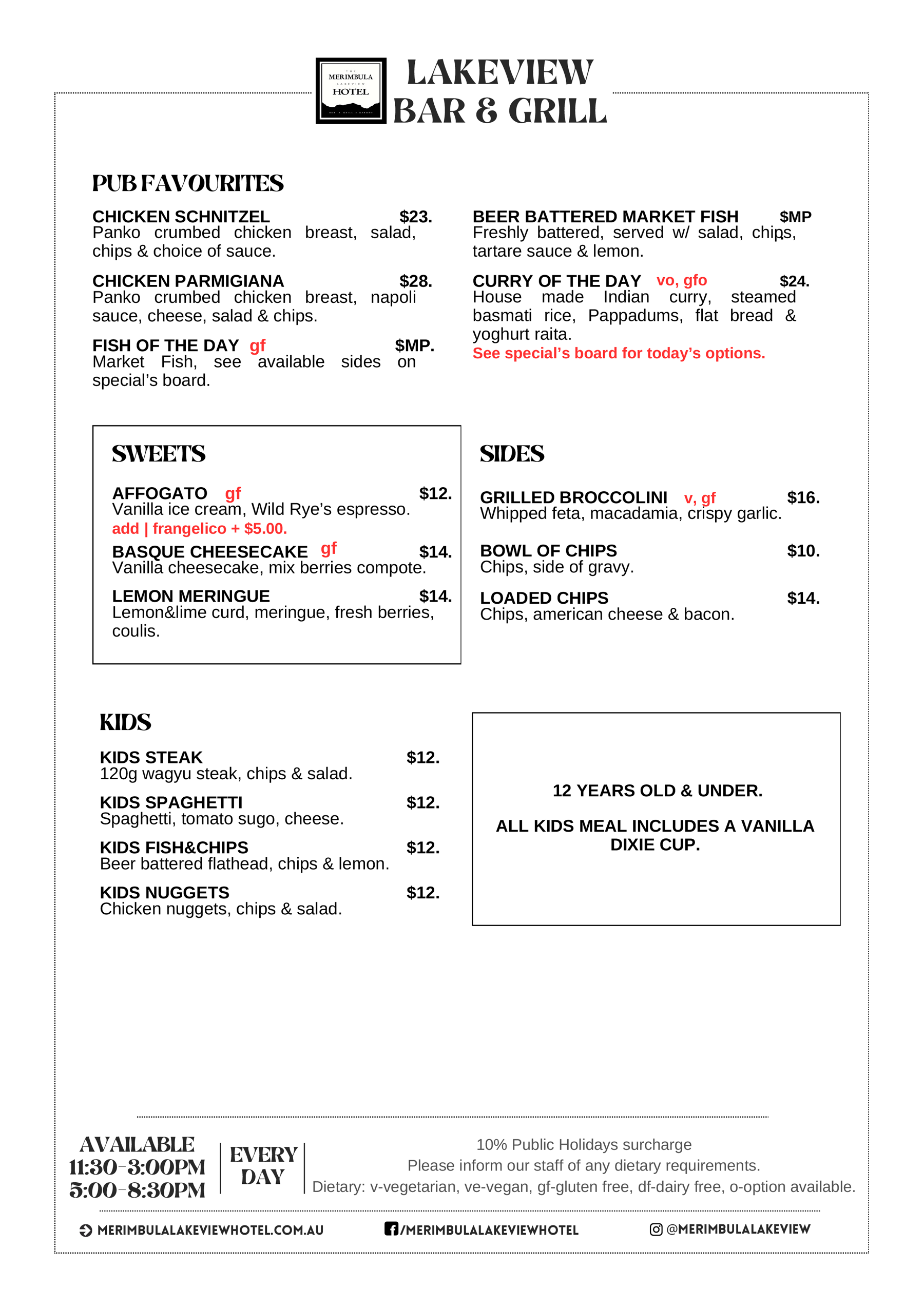 Merimbula Lakeview Hotel new menu May 2024