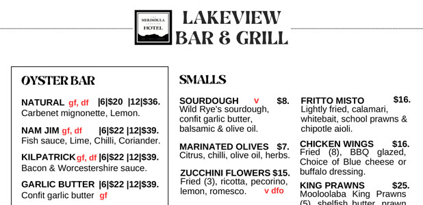 Merimbula Lakeview Hotel new menu 2024