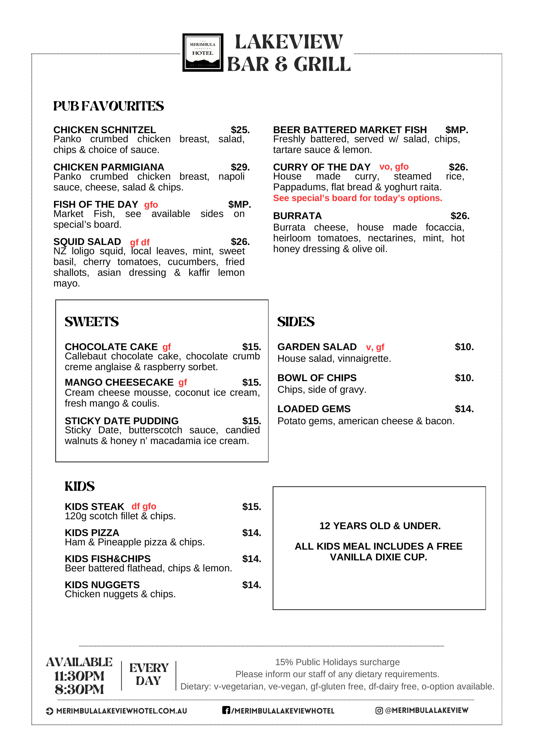 Merimbula Lakeview summer menu 2024-25